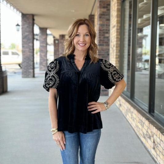 Umgee Licorice and Lace Velvet Blouse