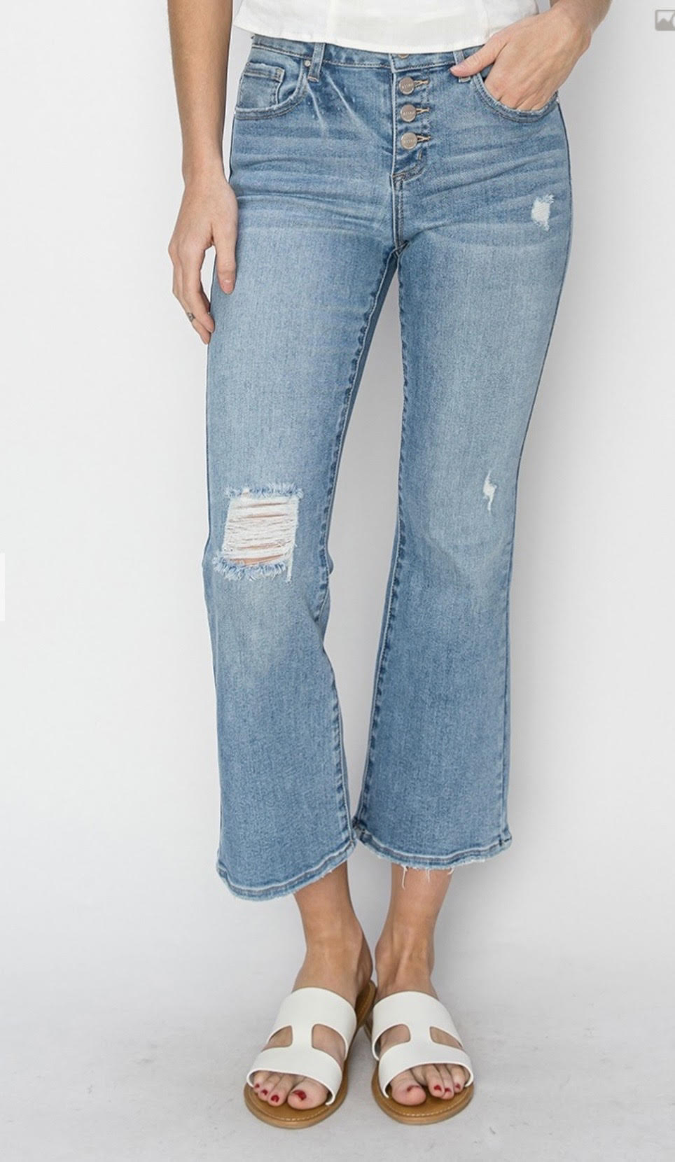 Risen Mid Rise Button Down Cropped Flare Jean