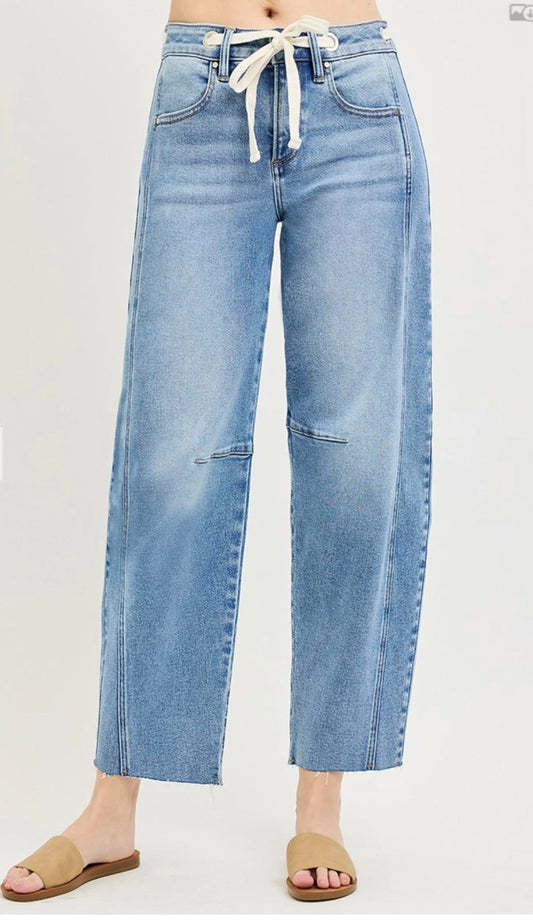 Risen Barrel Jean With Drawstring Accent Waistband: Light